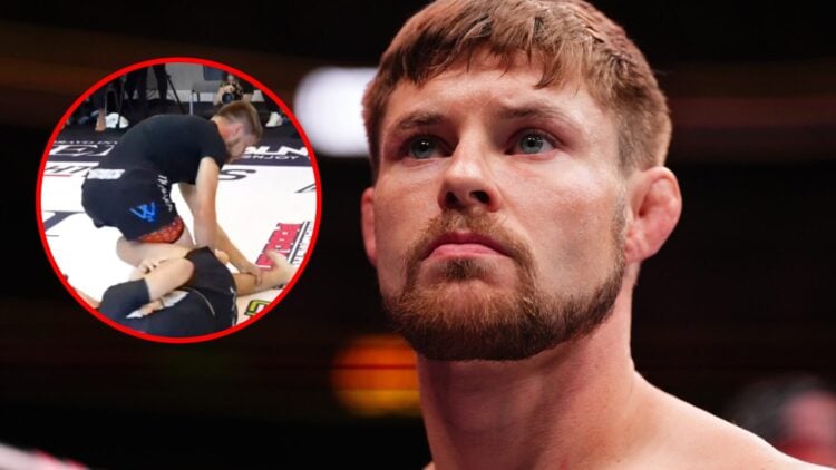Main: Bryce Mitchell looks on ahead of his UFC 314 fight with Jean Silva. Inset: Bryce Mitchell is put in a leg lock by Landon Elmore at EBI 25.