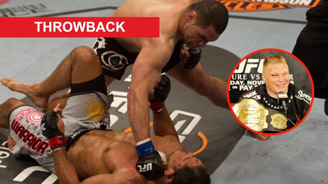 Cain Velasquez punches Antonio Rodrigo Nogueira on the ground at UFC 110 with an overlay of Brock Lesnar sat next to the UFC Heavyweight belt after...