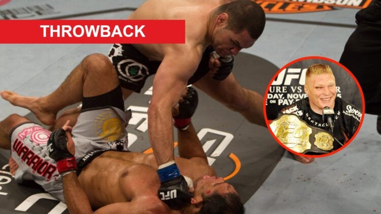 Cain Velasquez punches Antonio Rodrigo Nogueira on the ground at UFC 110 with an overlay of Brock Lesnar sat next to the UFC Heavyweight belt after...
