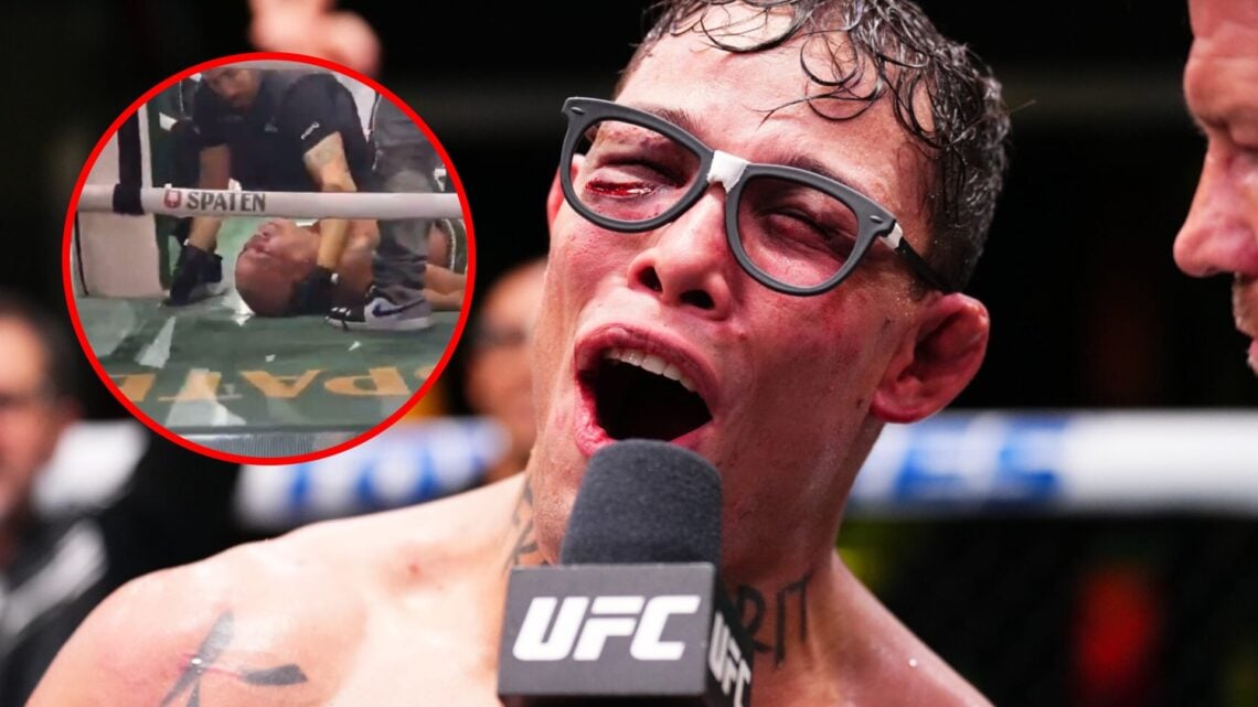 Main: Caio Borralho on the microphone at the UFC Apex. Inset: Wanderlei Silva on the canvas after being knocked out during a brawl at Spaten Fight ...