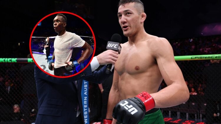 Cam Rowston speaking during post-fight interview at UFC Perth, with inset of Israel Adesanya after UFC debut