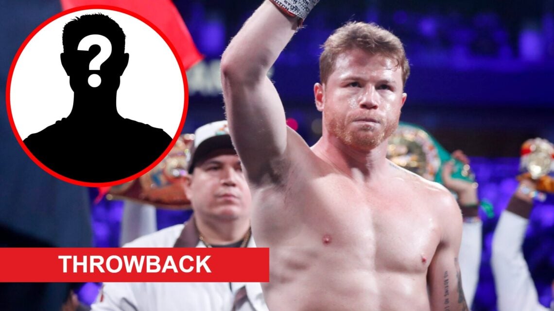 Canelo Alvarez before his fight with Edgar Berlanga, inset mystery icon and throwback banner