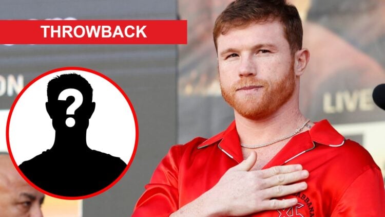 Canelo Alvarez on stage at the ceremonial weigh-ins before his fight with Gennady Golovkin, inset mystery icon and throwback banner