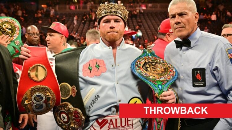 Canelo Alvarez poses with his titles after beating Gennady Golovkin in 2022, inset throwback banner