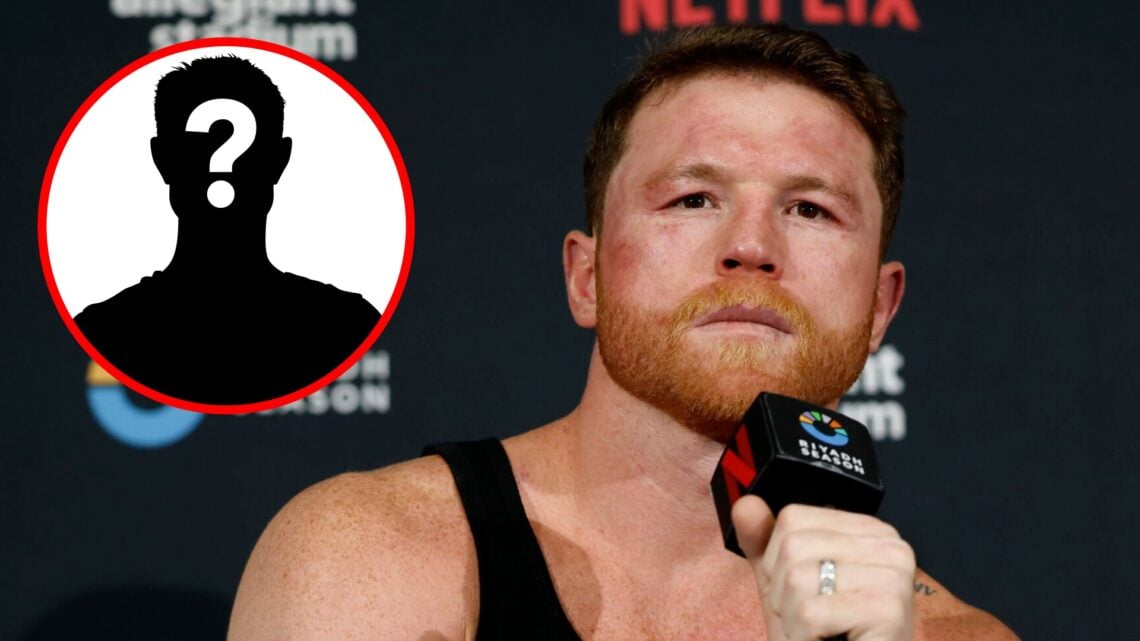 Canelo Alvarez at post-fight press conference following his loss to Terence Crawford, inset mystery icon