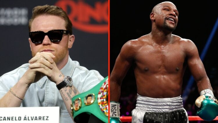 Canelo Alvarez during the pre-fight press conference ahead of fight against Terence Crawford and Floyd Mayweather Jr. walks in the ring during his ...