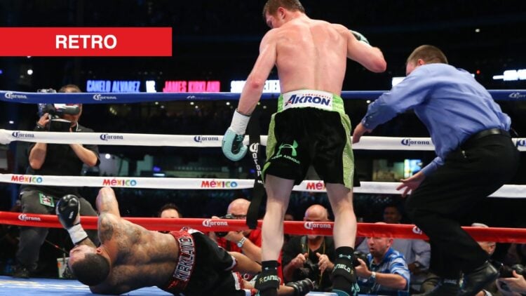 Canelo Alvarez stands over James Kirkland after knocking him out in their 12-round super welterweight fight in 2015