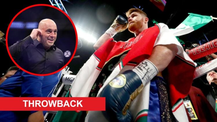 Canelo Alvarez enters the ring for his first fight with Gennady Golovkin, inset Joe Rogan looks on during UFC 273 in Jacksonville, Florida, throwba...