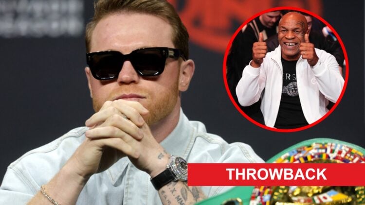 Canelo Alvarez during the pre-fight press conference ahead of fight against Terence Crawford, inset Mike Tyson puts his thumbs up during UFC 300, t...