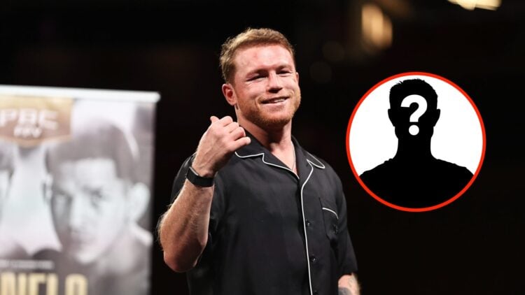 Center: Canelo Alvarez attends a pre-fight press conference ahead of his title fight with Edgar Berlanga in September, 2024. Insert: Mystery Fighter