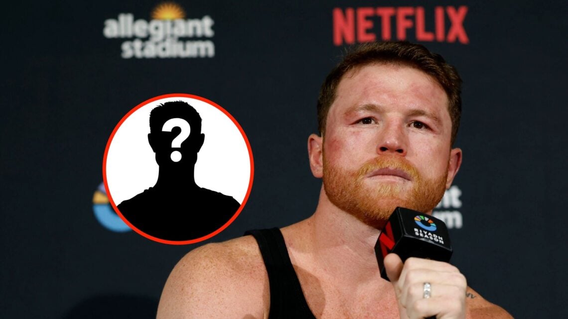 Center: Canelo Alvarez speaks with assembled media during a post-fight press conference after his super middleweight title fight with Terence Crawf...