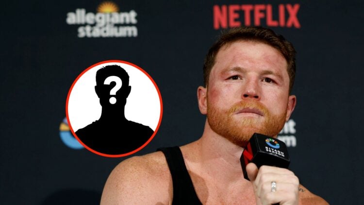 Center: Canelo Alvarez speaks with assembled media during a post-fight press conference after his super middleweight title fight with Terence Crawf...