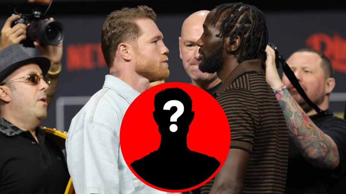 Canelo Alvarez and Terence Crawford face off during a press conference, inset mystery icon