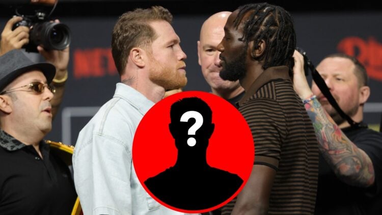 Canelo Alvarez and Terence Crawford face off during a press conference, inset mystery icon