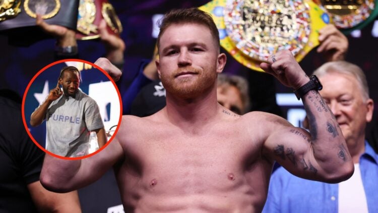 Canelo Alvarez weighs-in to fight William Scull with an overlay of Terence Crawford interacts with the crowd during the Canelo Alvarez press confer...