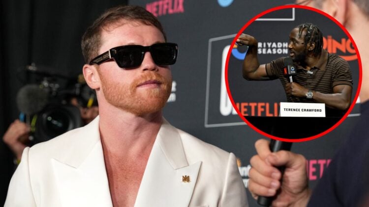 Canelo Alvarez gets interviewed by Max Kellerman at the Grand Arrivals, inset Terence Crawford points on stage at a press conference in Las Vegas