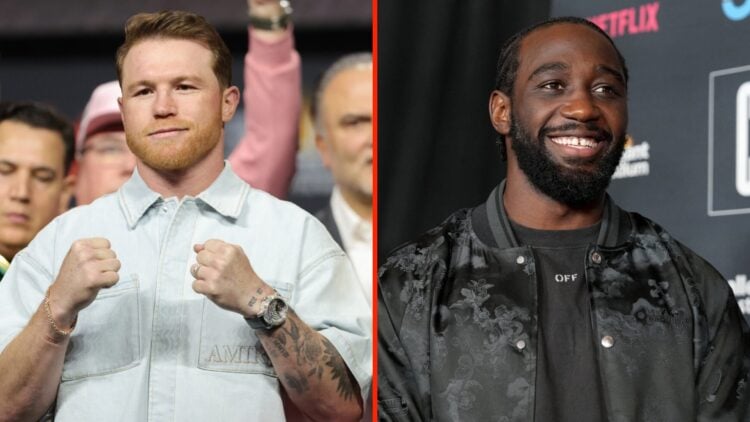 Canelo Alvarez during pre-fight press conference and Terence Crawford attends the Grand Arrivals at the Fontainebleu Las Vegas in September, 2025.