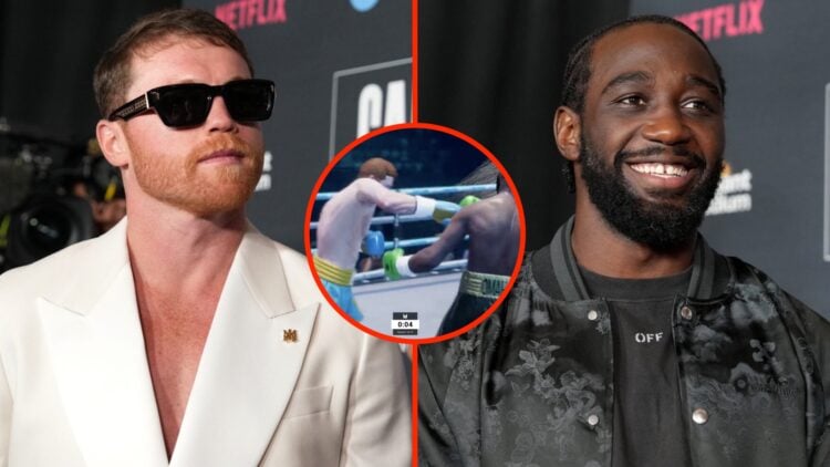 Canelo Alvarez and Terence Crawford during Grand Arrivals in Vegas ahead of their fight with an inset of a simulation of their fight