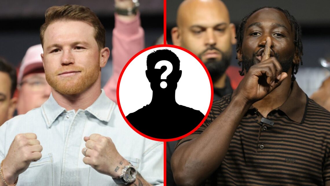 Canelo Alvarez poses on stage during a press conference in Las Vegas, Terence Crawford puts his finger to his lips at a press conference, inset mys...