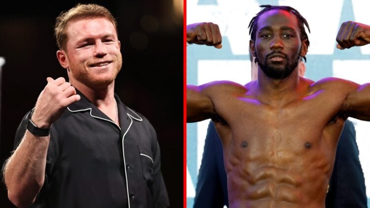 Canelo Alvarez on stage at a press conference after beating Edgar Berlanga, Terence Crawford poses on the scales ahead of his fight with Israil Mad...