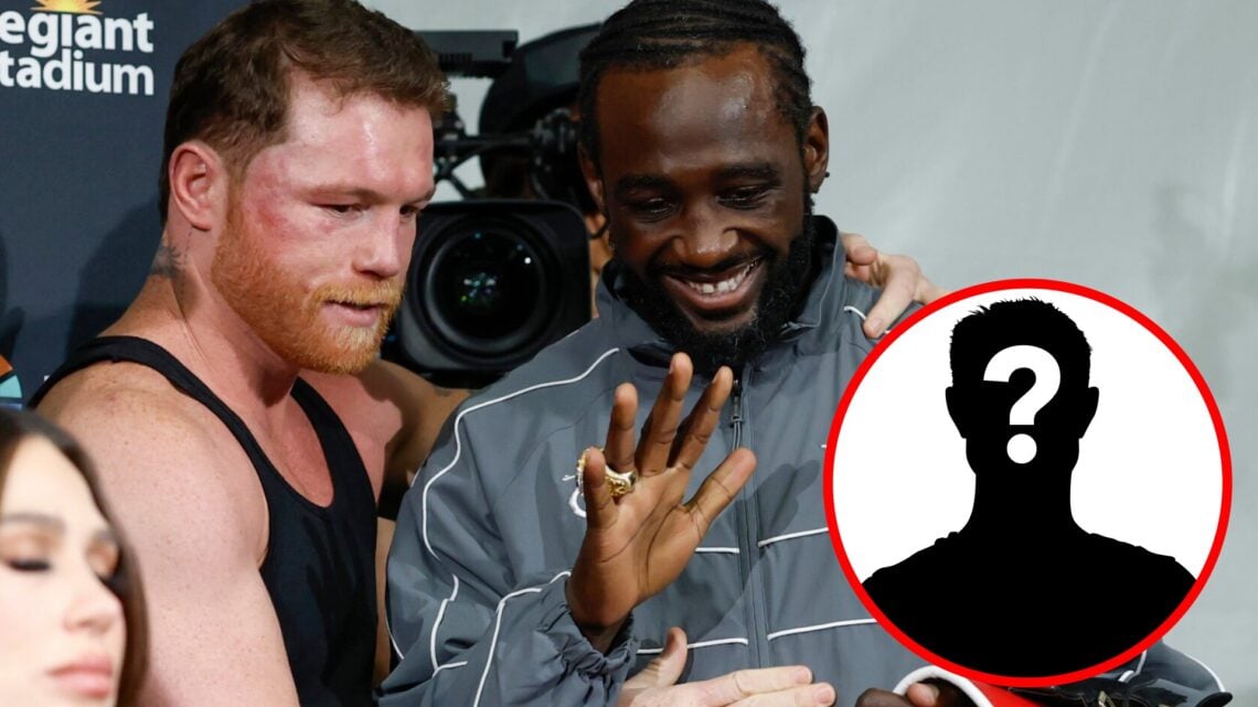 Canelo Alvarez and Terence Crawford speak at the post-fight press conference after their bout, inset mystery icon