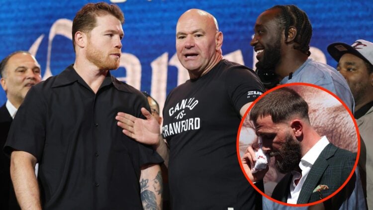 Canelo Alvarez and Terence Crawford face off at press conference with inset of Caleb Plant after being slapped by Canelo