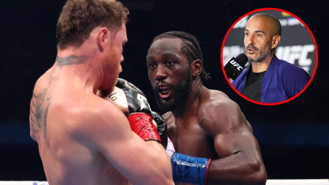 Main: Canelo Alvarez and Terence Crawford during their undisputed super middleweight title fight. Inset: Jon Anik on stage during the UFC 295 press...
