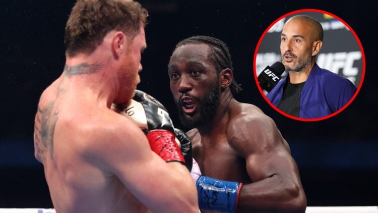 Main: Canelo Alvarez and Terence Crawford during their undisputed super middleweight title fight. Inset: Jon Anik on stage during the UFC 295 press...