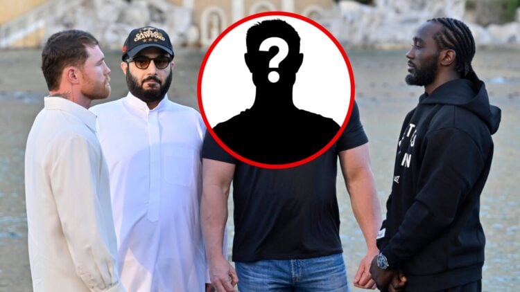 Canelo Alvarez and Terence Crawford face off in front of the Fountains of Bellagio, inset mystery pop out