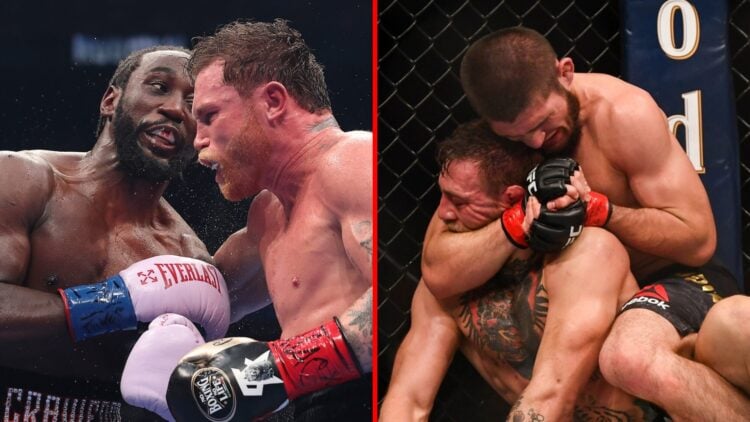 Left: Terence Crawford and Canelo Alvarez exchange punches. Right: Khabib Nurmagomedov locks in a crank on Conor McGregor at UFC 229.