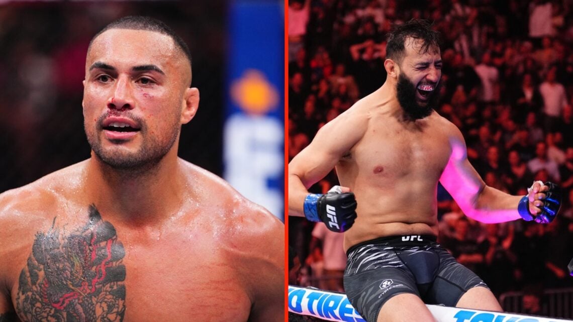 Carlos Ulberg stands in the octagon and Dominick Reyes celebrates on the cage at UFC 314