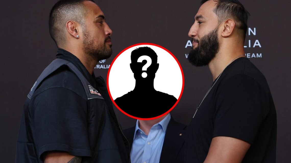 Main: Carlos Ulberg and Dominick Reyes face off at the UFC Perth press conference. Inset: Mystery icon