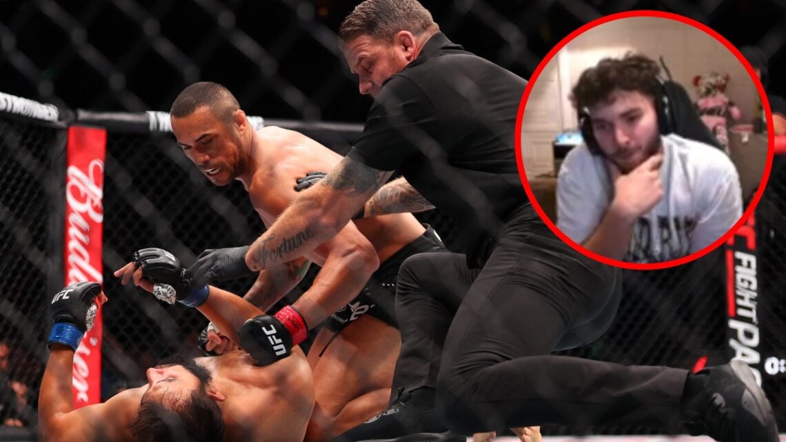 Carlos Ulberg stops Dominick Reyes at UFC Perth, inset Adin Ross reacts to UFC Perth results via his Kick stream