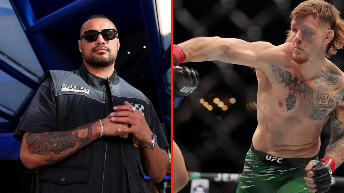 Carlos Ulberg poses with sunglasses on at the UFC Perth press conference and Jimmy Crute punches Marcin Prachnio at UFC 318