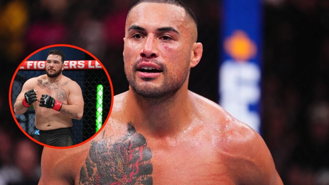 Carlos Ulberg stands in the octagon with an insert of Louie Sutherland stands in the octagon at PFL