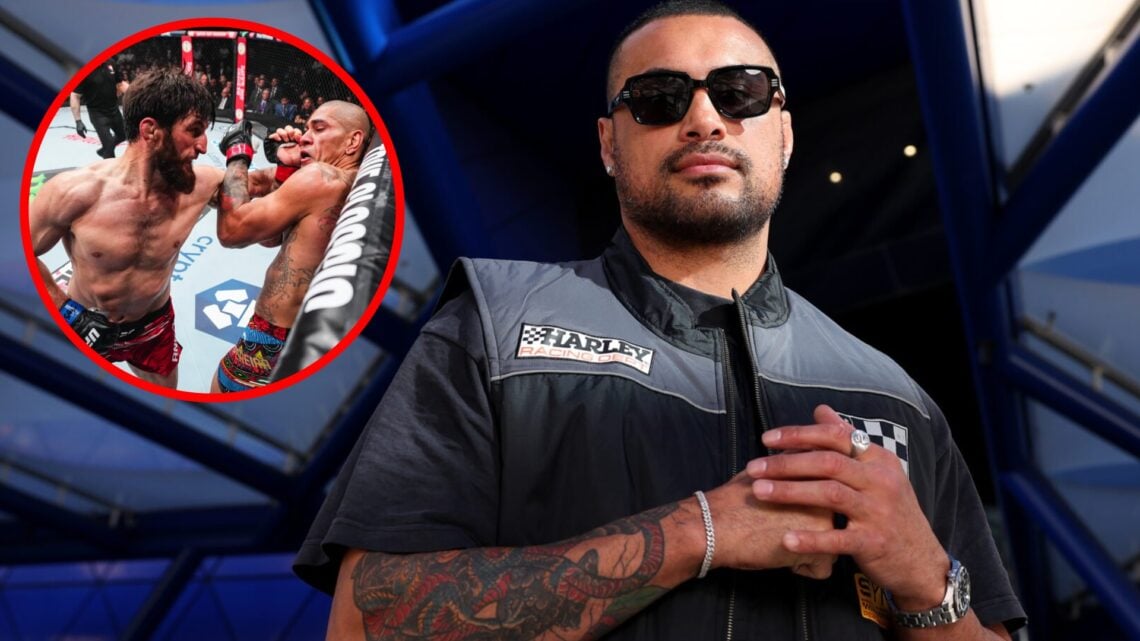 Carlos Ulberg poses with sunglasses on at the UFC Perth press conference, inset Magomed Ankalaev punches Alex Pereira at UFC 313