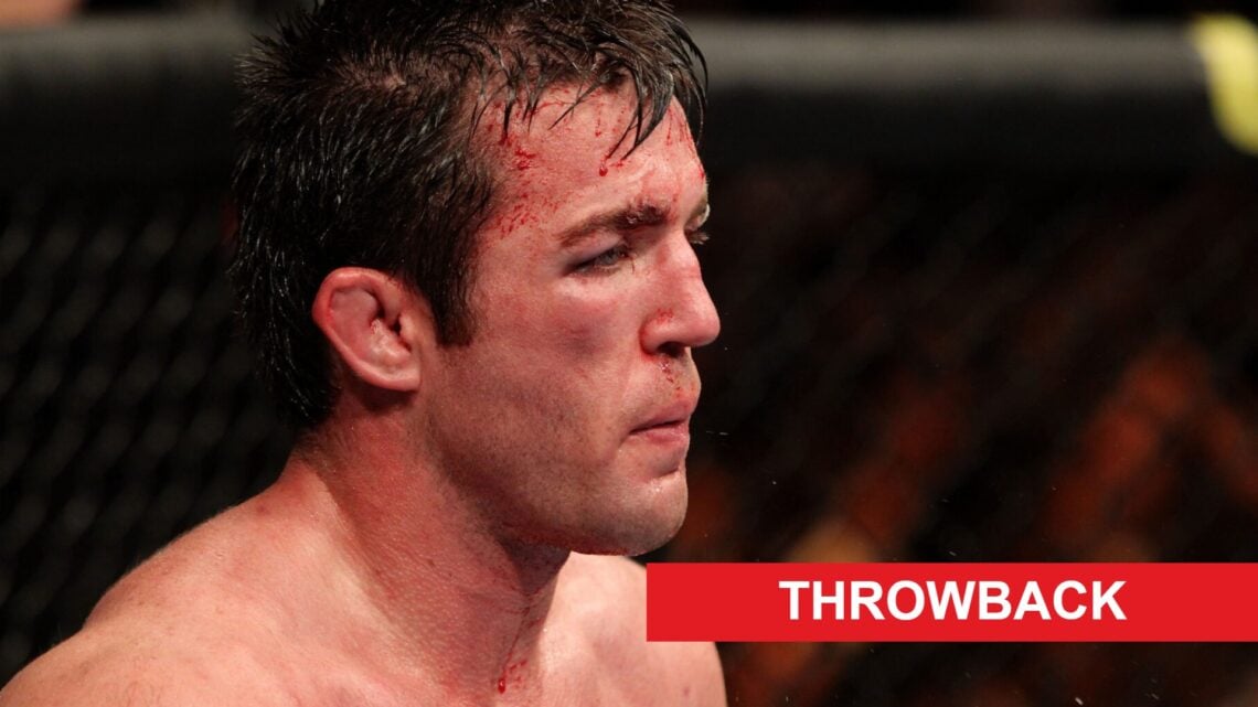 Chael Sonnen stands in the Octagon during his UFC 117 fight with Anderson Silva, inset throwback banner
