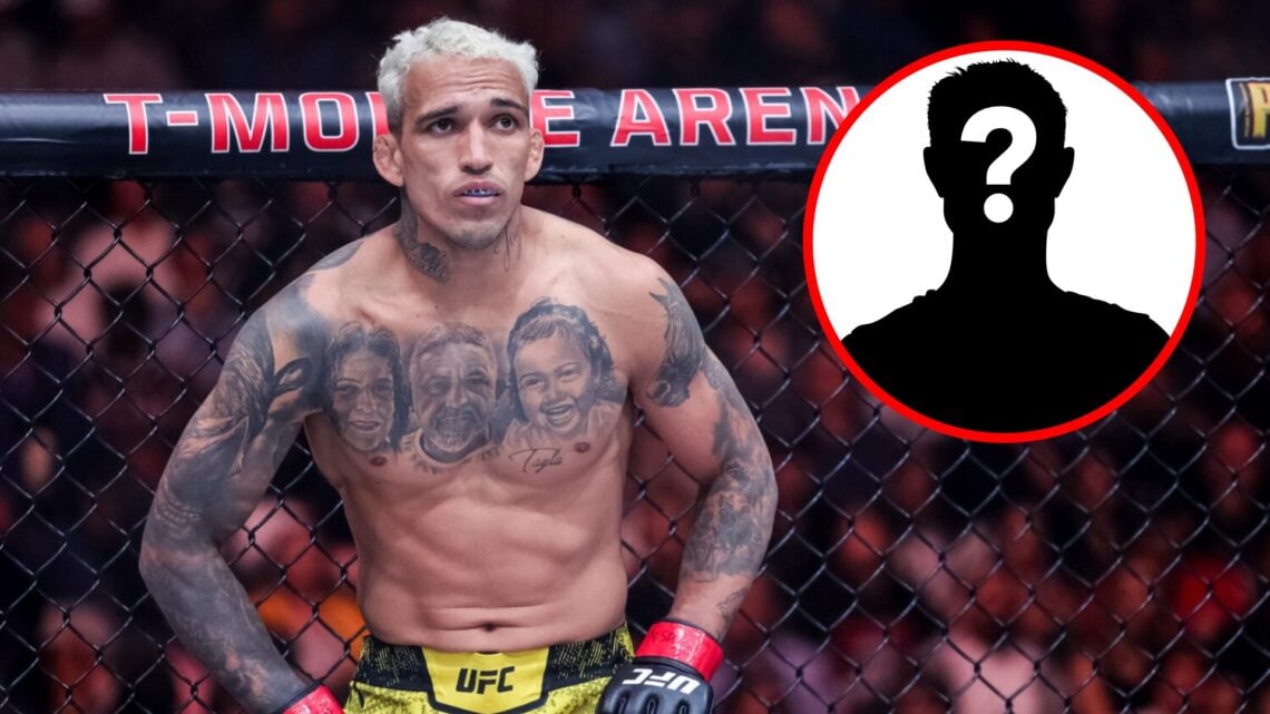 Charles Oliveira looks on during his UFC 300 fight with Arman Tsarukyan, inset mystery icon