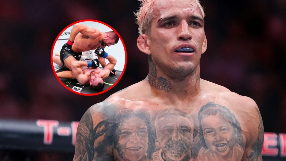 Charles Oliveira at UFC 300, with inset of Mateusz Gamrot on top of Ludovit Klein