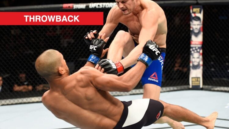Chas Skelly kicks Maximo Blanco during their fight at UFC Hidalgo