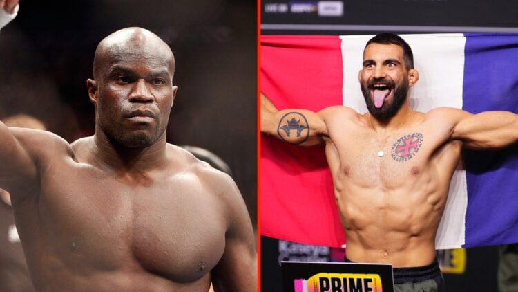 Cheick Kongo lifts his arm as he enters the octagon at UFC 159 and Benoit Saint-Denis poses on the scale at the UFC 299 ceremonial weigh-in