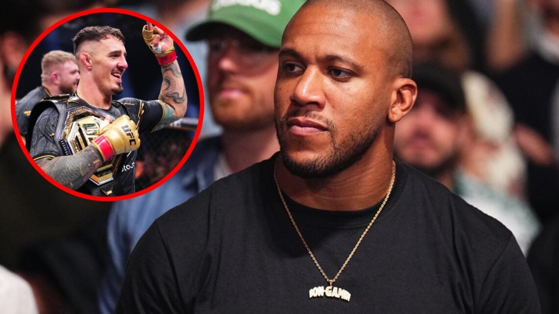 Ciryl Gane looks on while attending UFC Paris in 2024, inset Tom Aspinall celebrates after beating Curtis Blaydes at UFC 304
