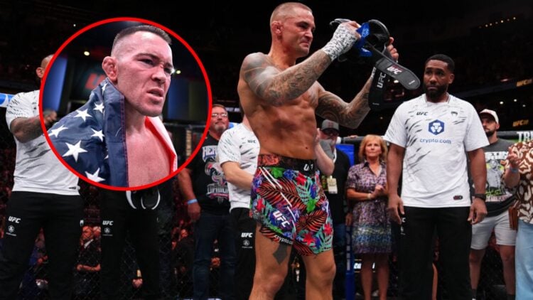Main: Dustin Poirier takes his gloves off to retire after his UFC 318 defeat to Max Holloway. Inset: Colby Covington in the cage after his UFC Figh...