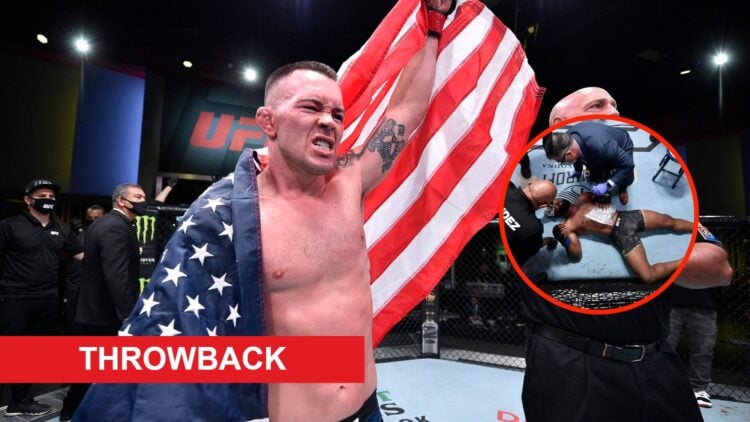 Colby Covington celebrates with an American flag after beating Tyron Woodley with an insert of Tyron Woodley is checked by doctors after losing to ...