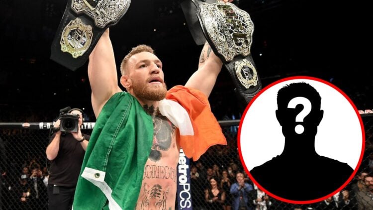 Conor McGregor celebrates with two UFC belts after beating Eddie Alvarez at UFC 205, inset mystery icon