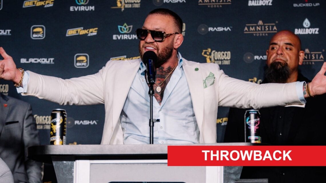 Conor McGregor at BKFC Champions Summit press conference, inset throwback banner