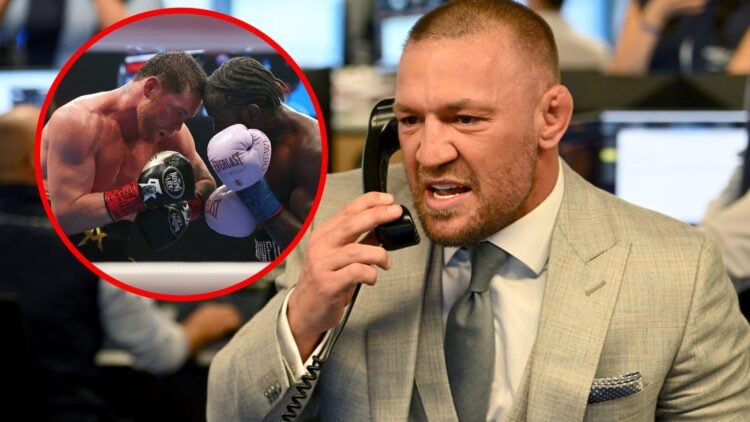 Conor McGregor on the phone, inset of Canelo Alvarez and Terence Crawford fighting.