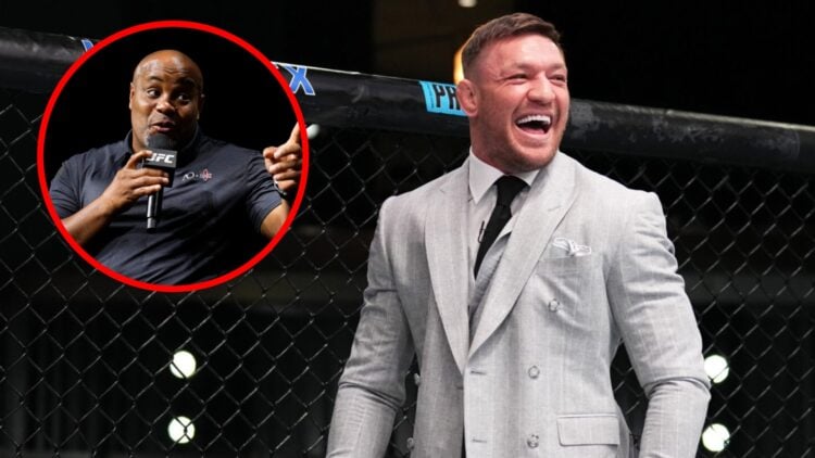 Conor McGregor enters the cage during The Ultimate Fighter 31 season, inset Daniel Cormier on stage at a UFC 318 Q&A session