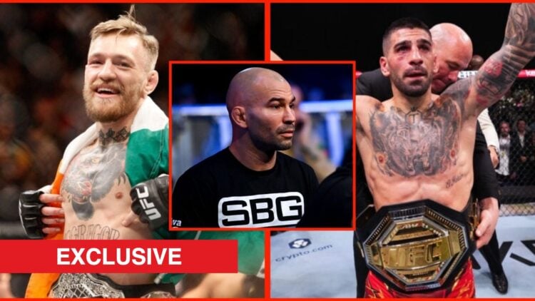 Split image of Conor McGregor and Ilia Topuria celebrating UFC title fight wins, inset of Artem Lobov.