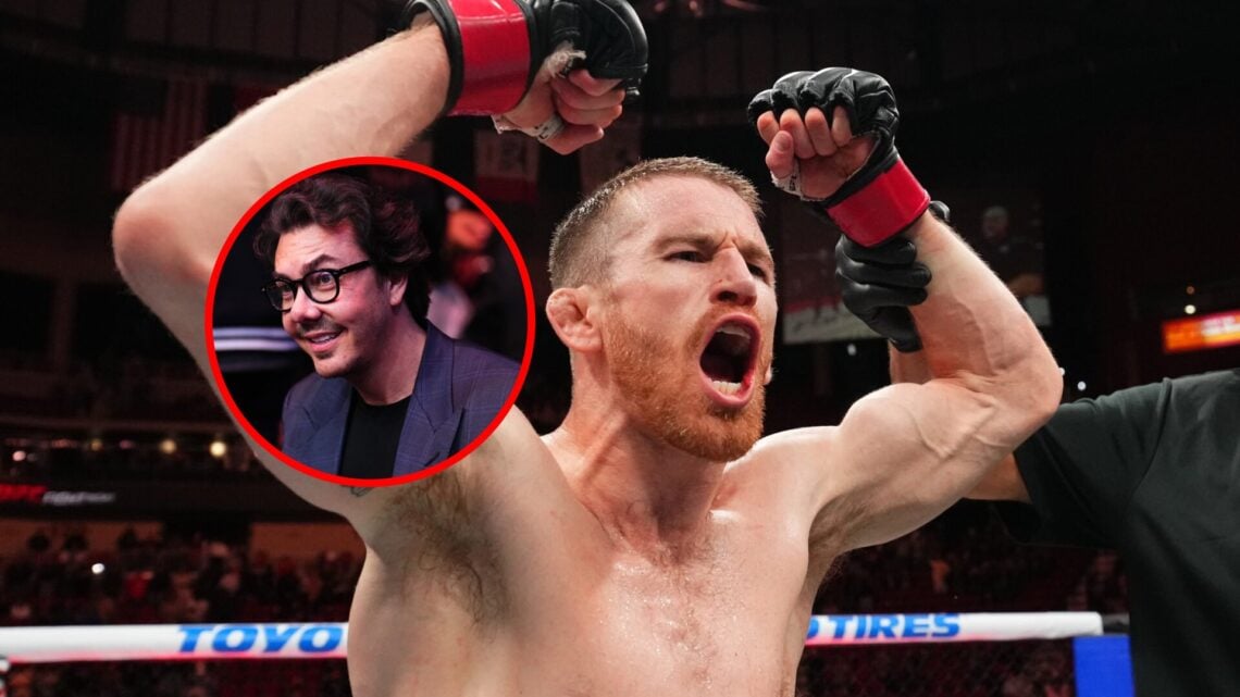 Cory Sandhagen celebrates UFC Perth win, with inset of Hunter Campbell at UFC 313